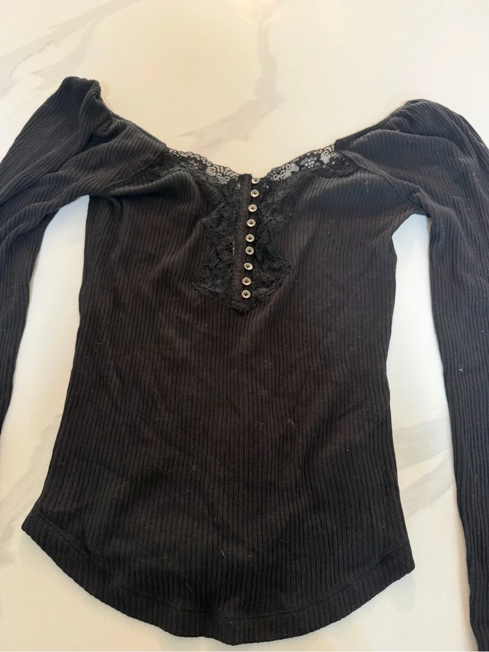 Free People Black Ribbed Lace-Trim Henley Top